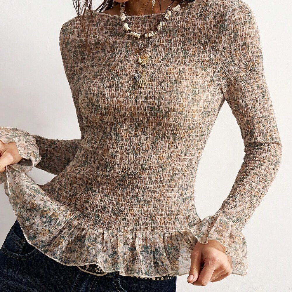 Yellow Casual Women's Printed Round Neck Long Sleeve Blouse - Picture 3 of 8